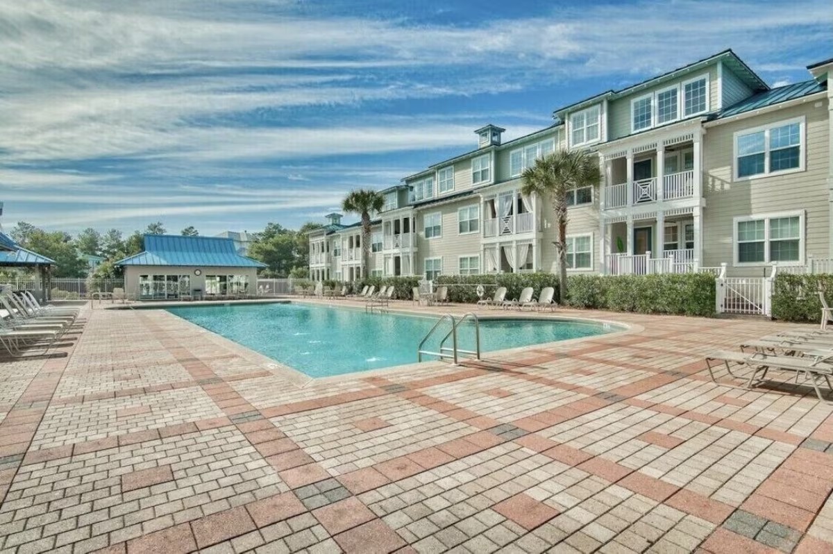 Community pool with surrounding cottages